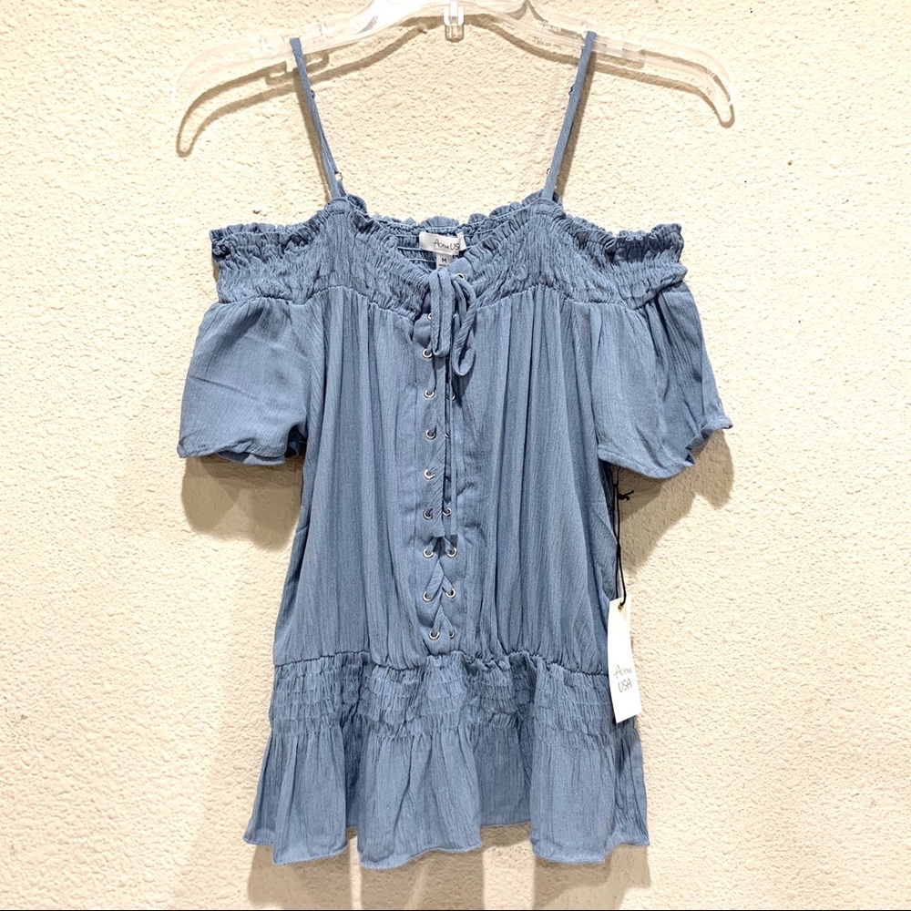 Open Shoulder Blue Corset Detail Blouse (NWT)